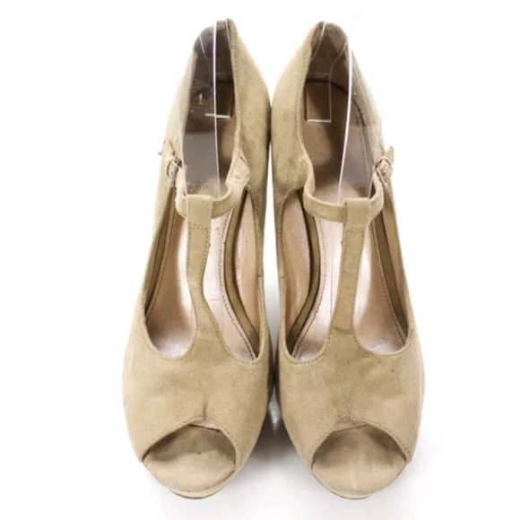 MARC FISHER PUMPS 7.5 BEIGE SUEDE PEEP toe heels - Picture 2 of 5